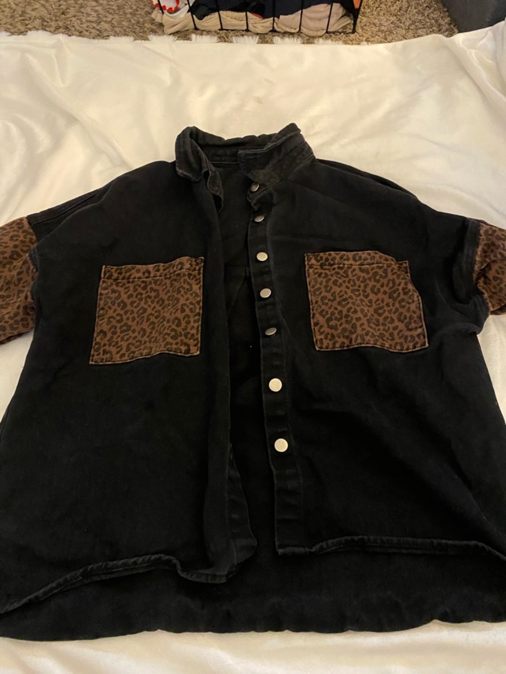 Trendy boutique Black Jean Jacket with Brown Leopard Pockets
